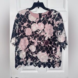 Vince Camuto Pink and Black Floral Lace Blouse